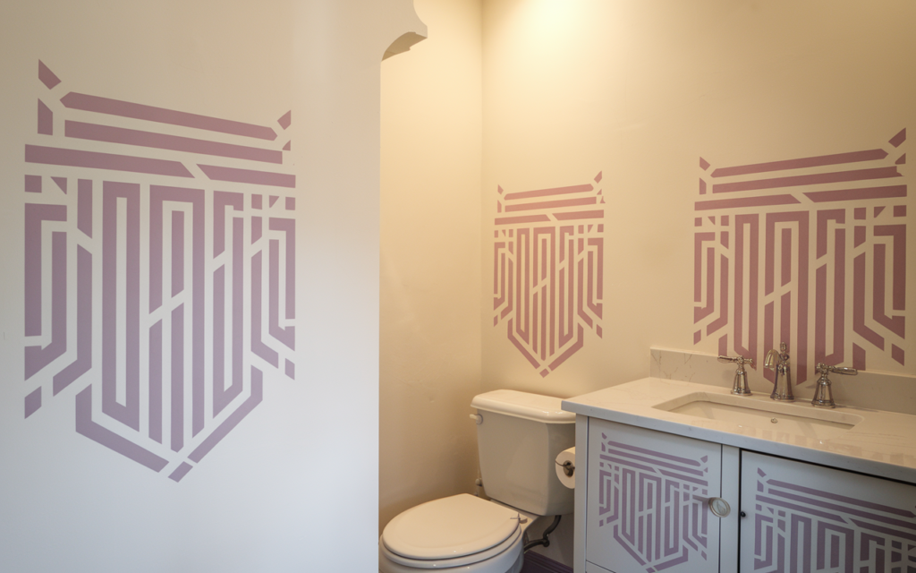 Raise your boring bathroom with  Hassle-free, budget-friendly, updates without demolition, It is Easy and Cheap.  Bathroom Refresh. Brooklyn, NY bathroom refresh bespoke mauve geometric patterns bring elegance to both the walls and vanity, creating a cohesive and sophisticated design. A uniquely tailored creation by Walls of Style NY, designed to reflect your individuality in every detail.