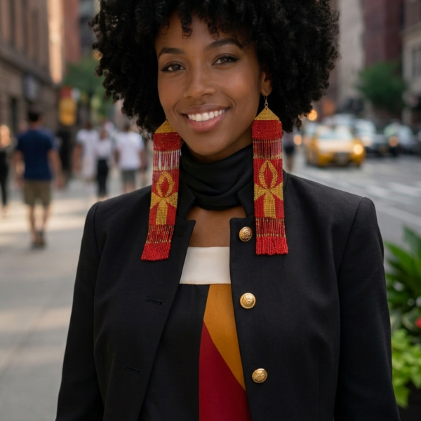 Black woman wearing long red and gold handmade seed bead statement earrings with a tailored black blazer and black scarf, styled for a polished fall fashion look.