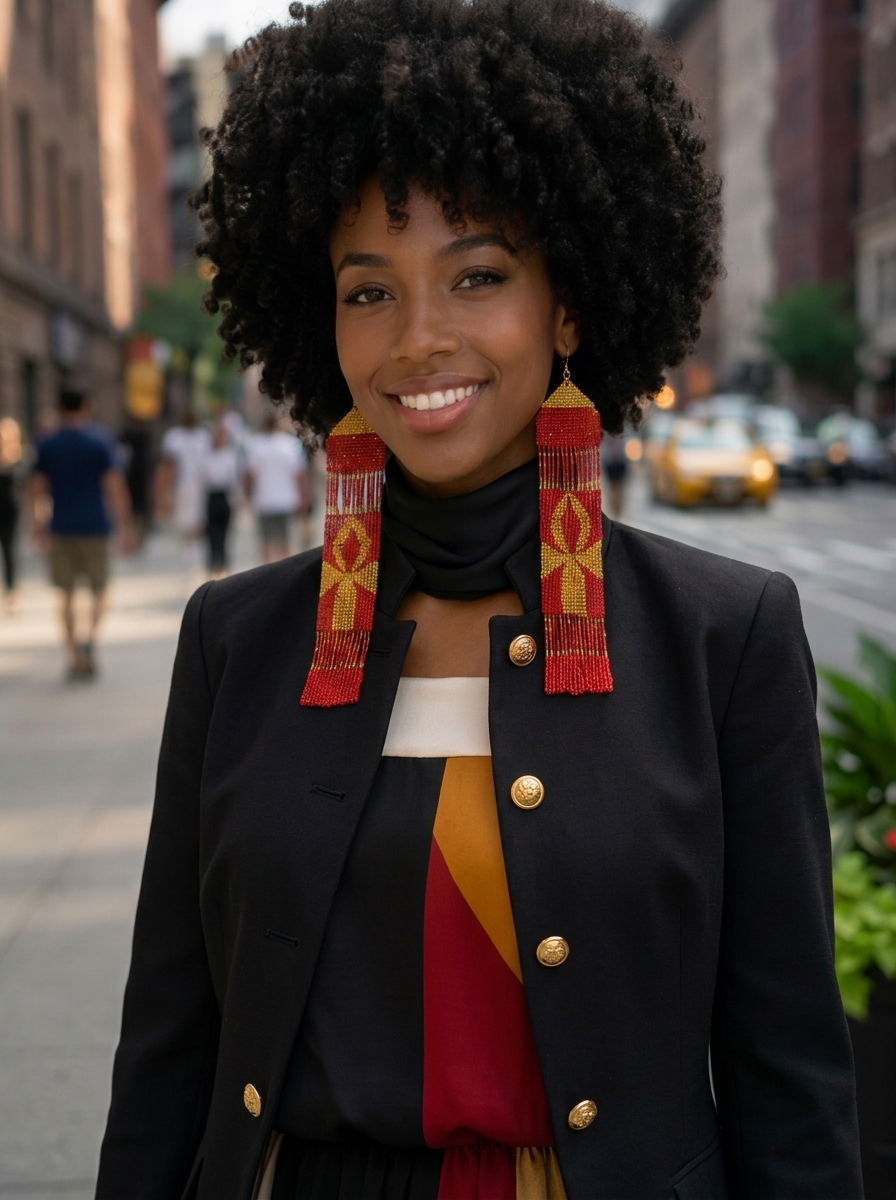 Black woman wearing long red and gold handmade seed bead statement earrings with a tailored black blazer and black scarf, styled for a polished fall fashion look.