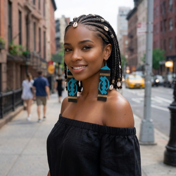 Model wearing Gye Nyame earrings