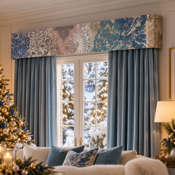 Highly textured cornice board above dusty blue curtains in an elegant winter living room with Christmas décor.