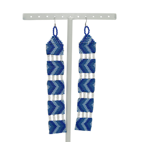 Ixchel Long Seed Beaded Earrings – Blue & White Czech Beads, Luxuriously Handcrafted Drop Style