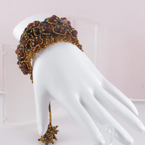 Handmade amber beaded cuff bracelet with seed bead fringe