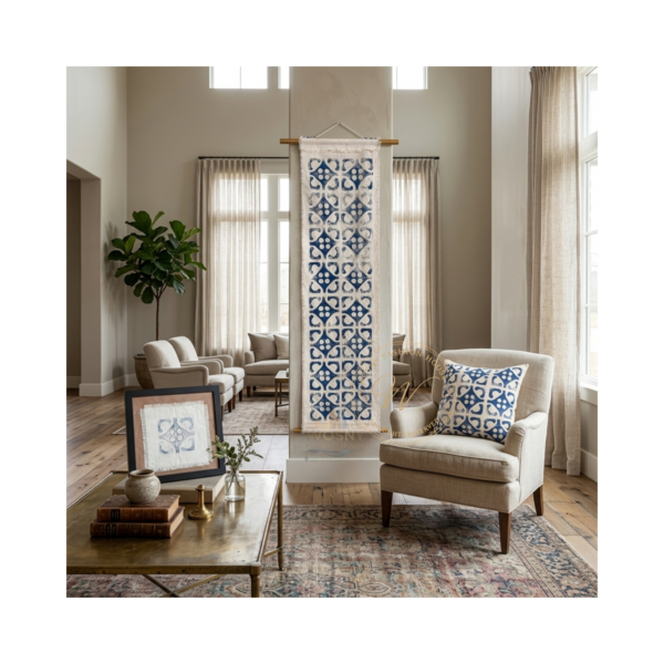 Handcrafted blue and natural architectural column scroll with matching cushion and framed textile art from WOSNY Fashion House.