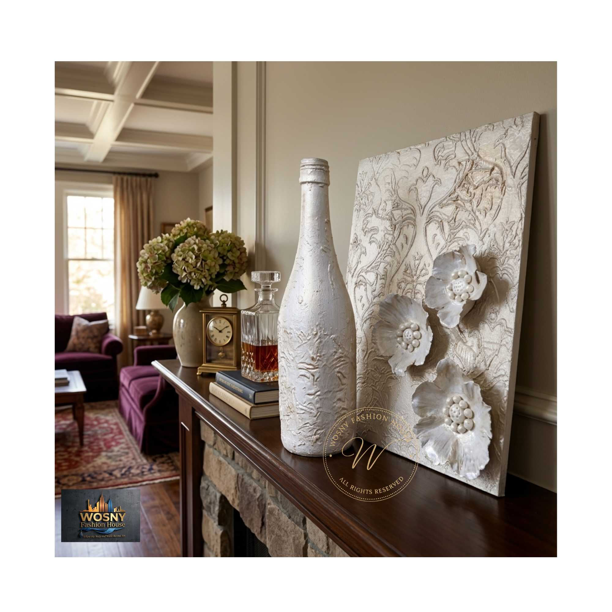 Flash Gold Sculptural Mantel Vignette Set | Handcrafted 3D Floral Leaner Art & Textured Accent Bottle