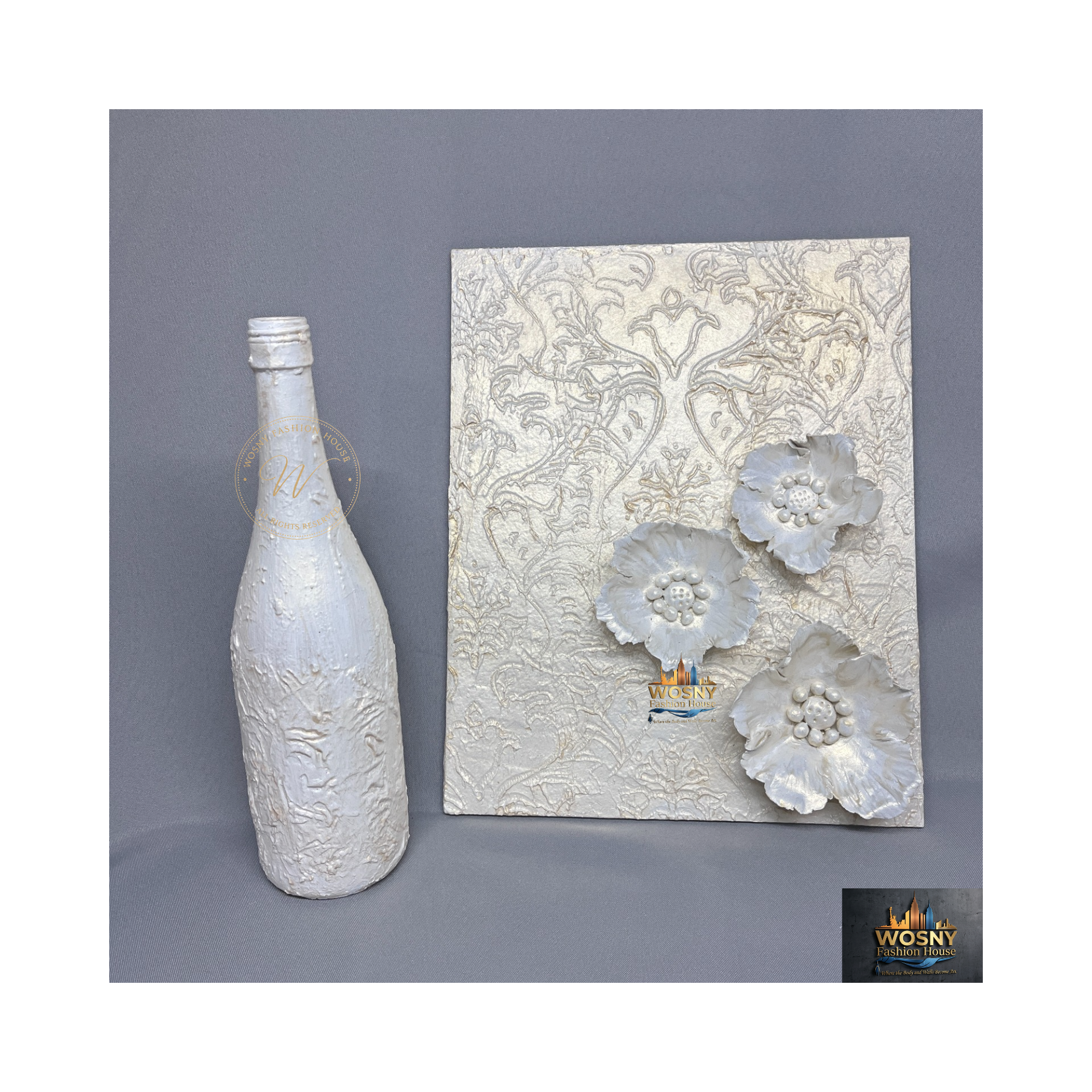 Flash Gold Sculptural Mantel Vignette Set | Handcrafted 3D Floral Leaner Art & Textured Accent Bottle - Image 2