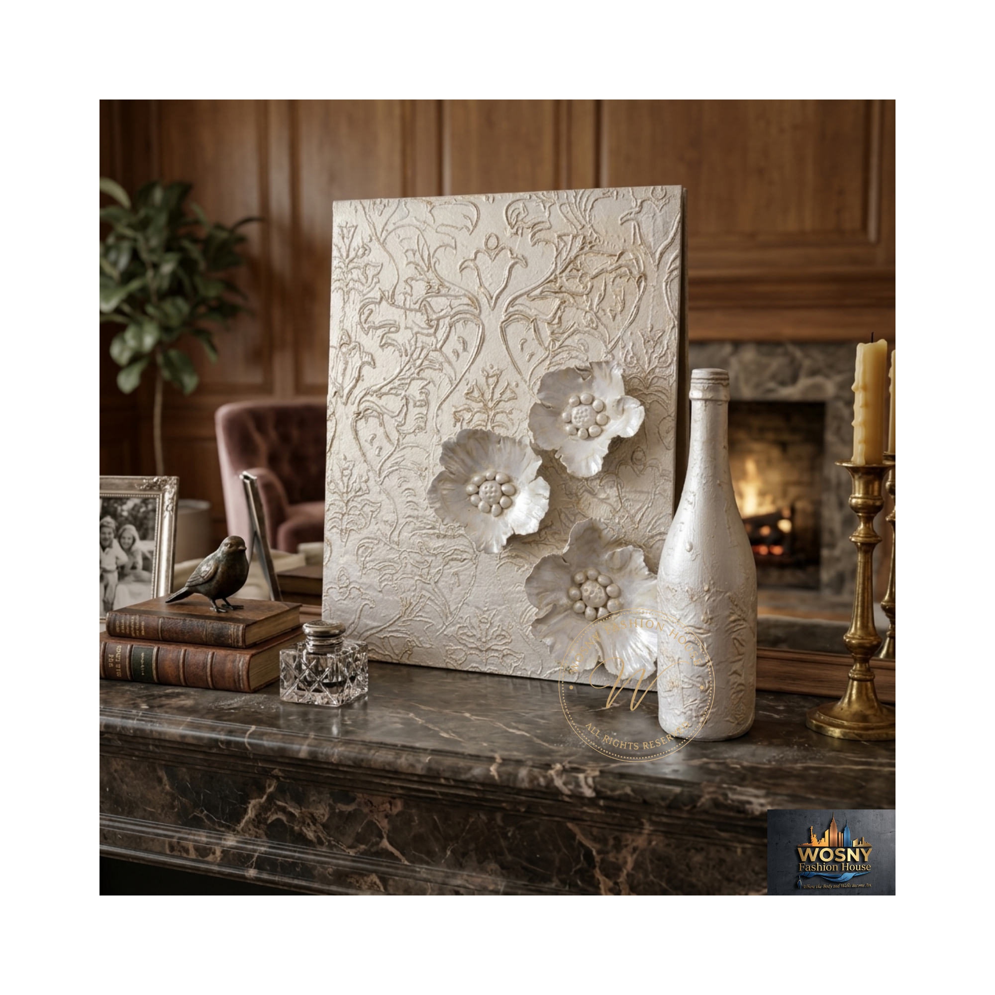 Flash Gold Sculptural Mantel Vignette Set | Handcrafted 3D Floral Leaner Art & Textured Accent Bottle - Image 8