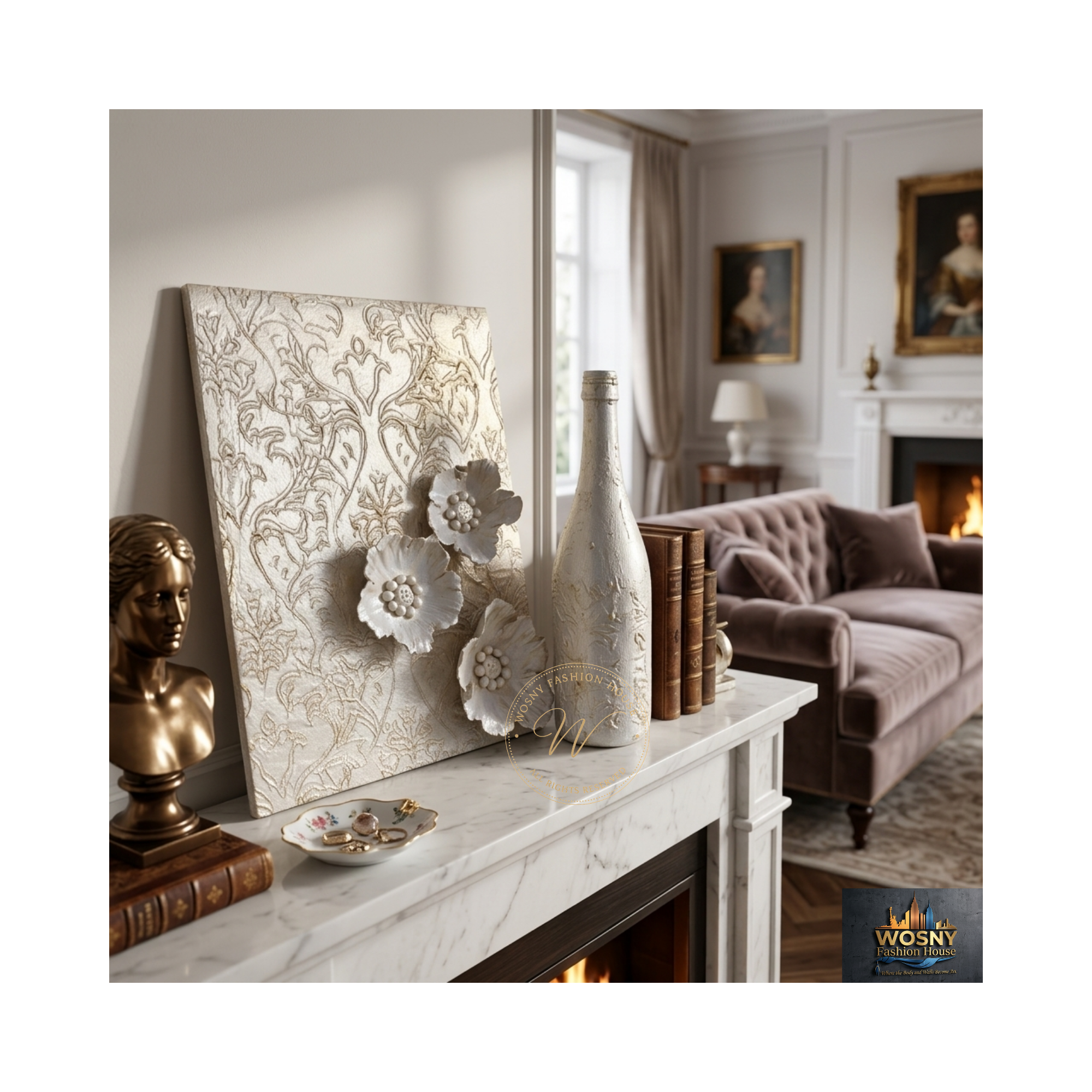Flash Gold Sculptural Mantel Vignette Set | Handcrafted 3D Floral Leaner Art & Textured Accent Bottle - Image 7