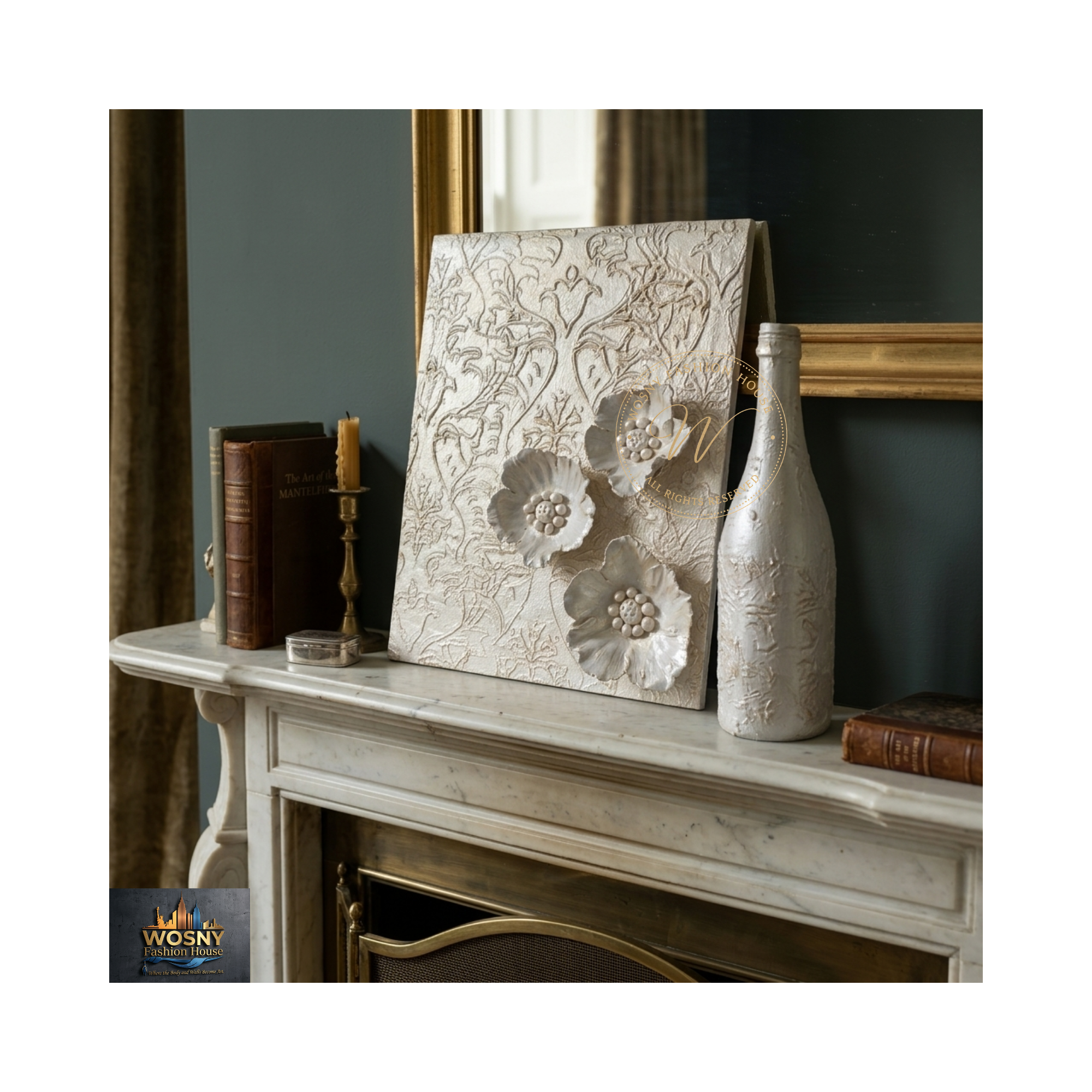 Flash Gold Sculptural Mantel Vignette Set | Handcrafted 3D Floral Leaner Art & Textured Accent Bottle - Image 6