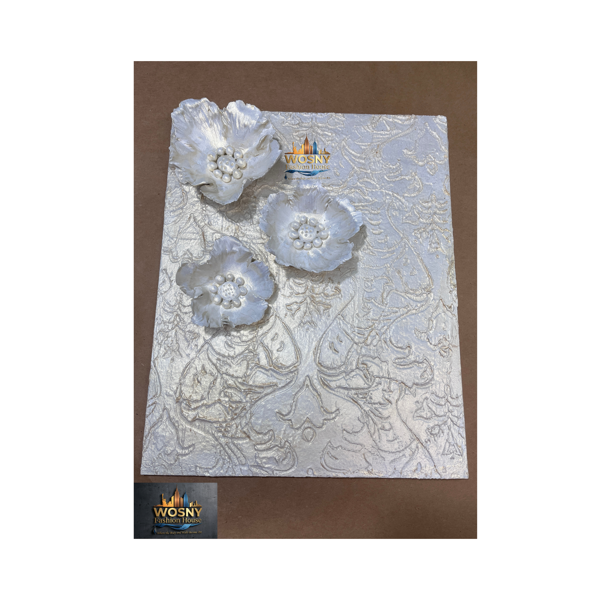 Flash Gold Sculptural Mantel Vignette Set | Handcrafted 3D Floral Leaner Art & Textured Accent Bottle - Image 4