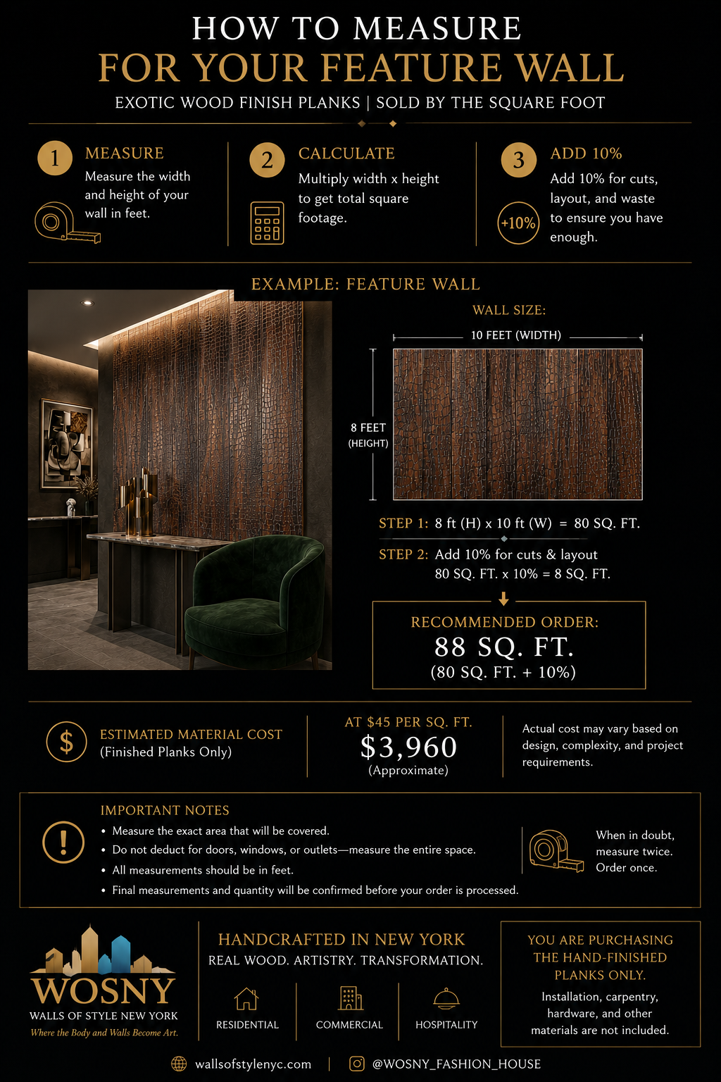 Feature wall measurement guide for Exotic Wood Finish planks showing square footage, 10% cutting allowance, and estimated material needed