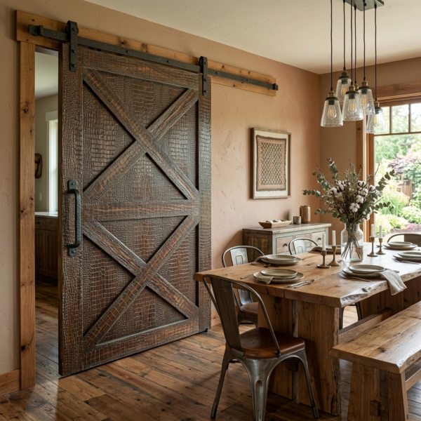Hand-finished exotic wood barn door boards with crocodile textured finish, visible real wood grain, and architectural detail by Walls Of Style New York.