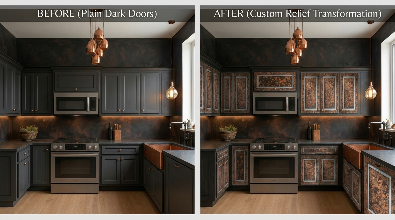 Kitchen before and after transformation from plain charcoal gray cabinet doors to Exotic Rustic