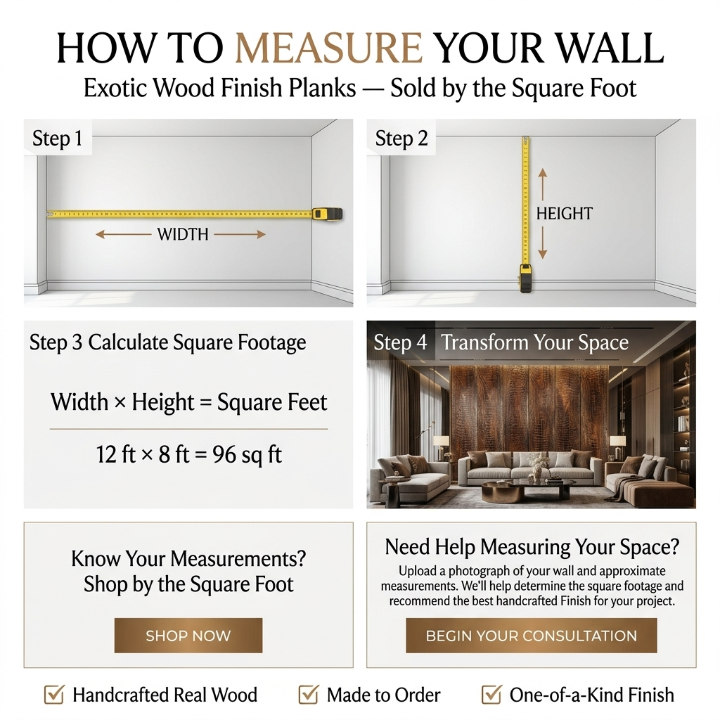 Infographic showing how to measure a wall for Exotic Wood Finish Planks sold by the square foot.