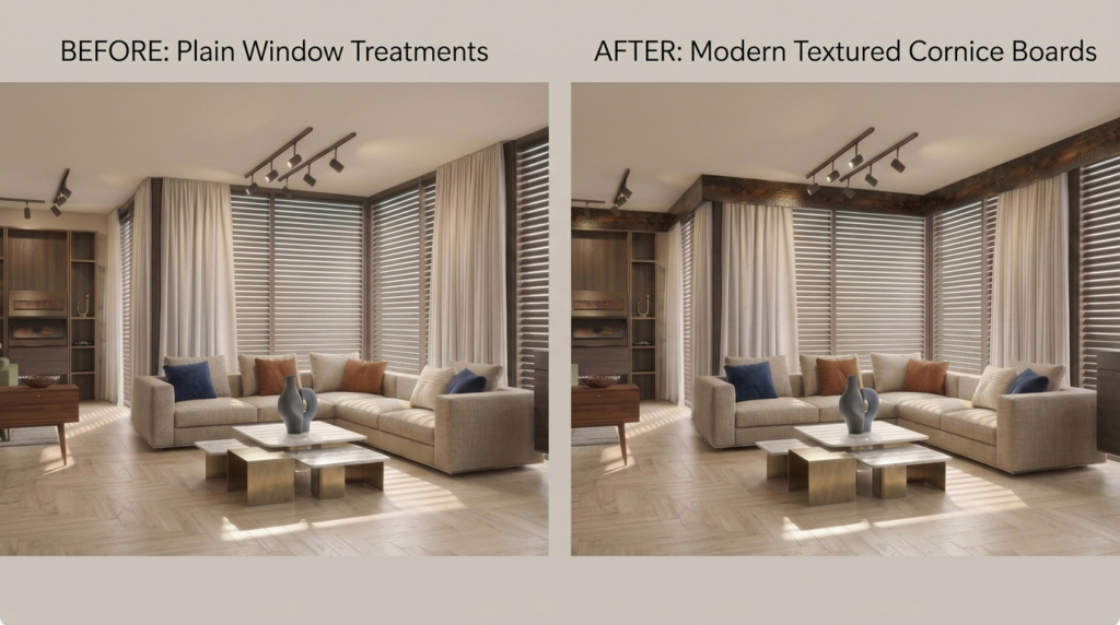 Before and after modern textured cornice board installation for a luxury living room window