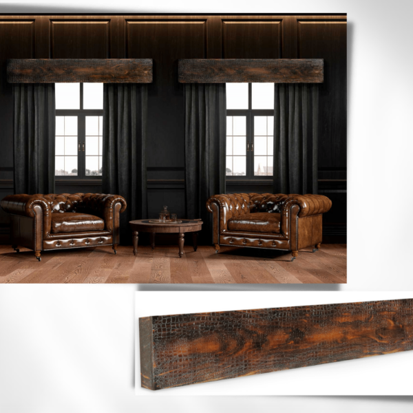 Exotic Wood Finish Cornice Board with handcrafted crocodile-inspired texture