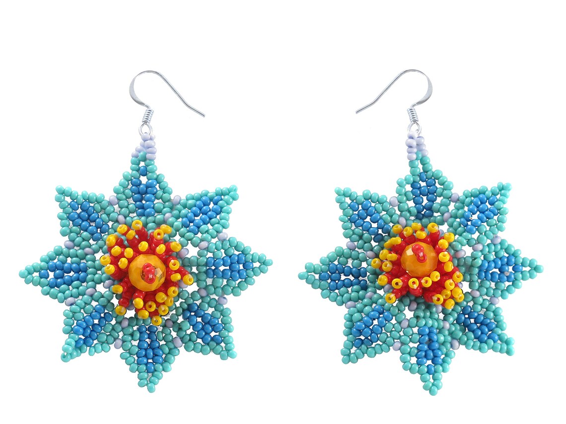 Handmade Huichol Floral Seed Bead Dangle Earrings – Vibrant Mexican Artistry - Image 4