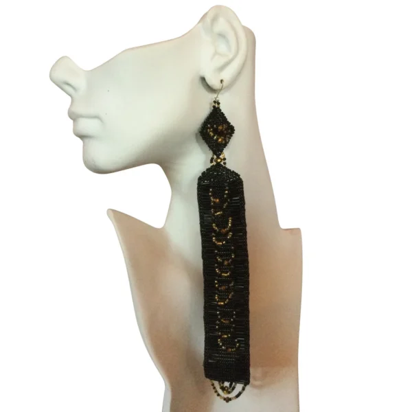 Black & Gold Extra Long Handwoven Seed Bead Statement Earrings