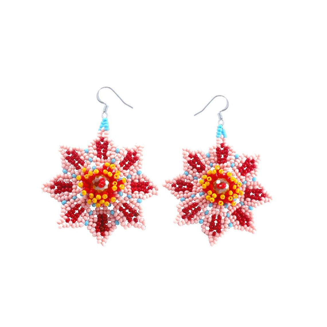 Handmade Huichol Floral Seed Bead Dangle Earrings – Vibrant Mexican Artistry - Image 2