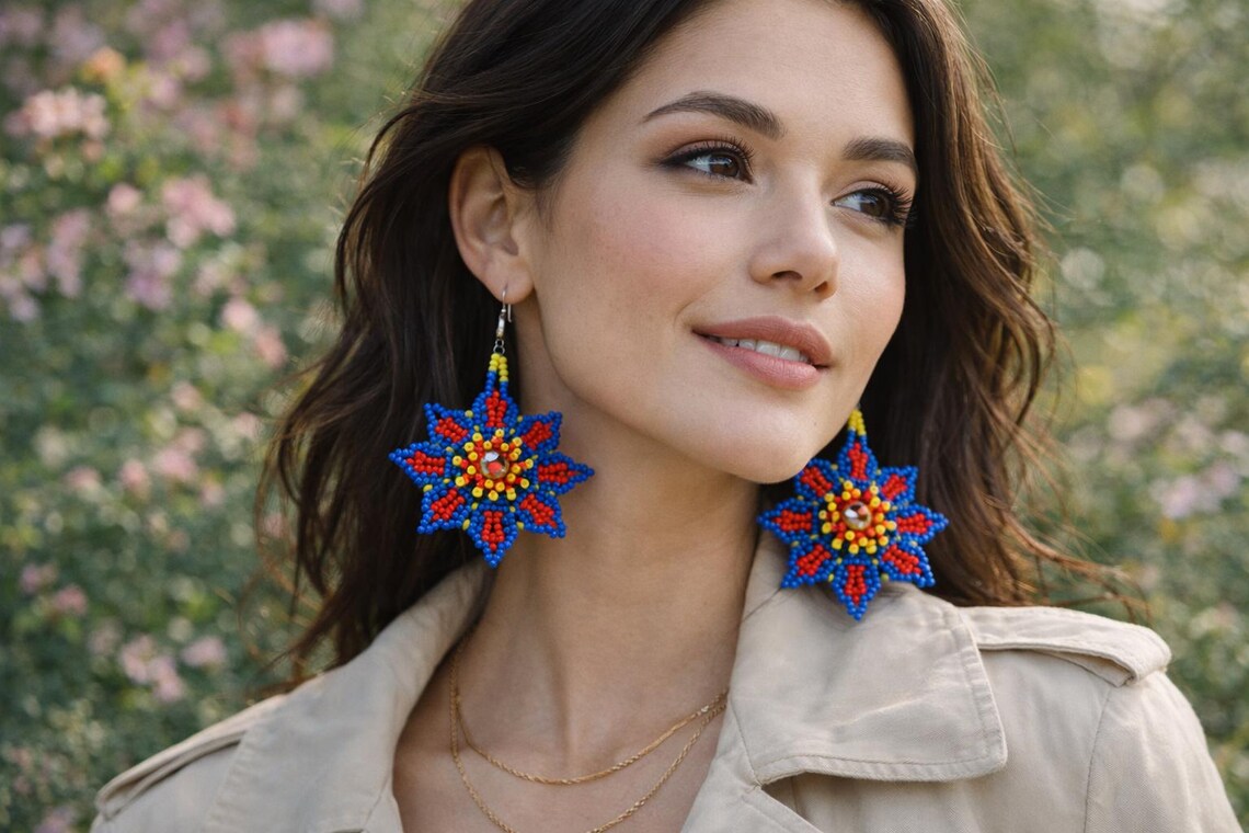 Handmade Huichol Floral Seed Bead Dangle Earrings – Vibrant Mexican Artistry - Image 6