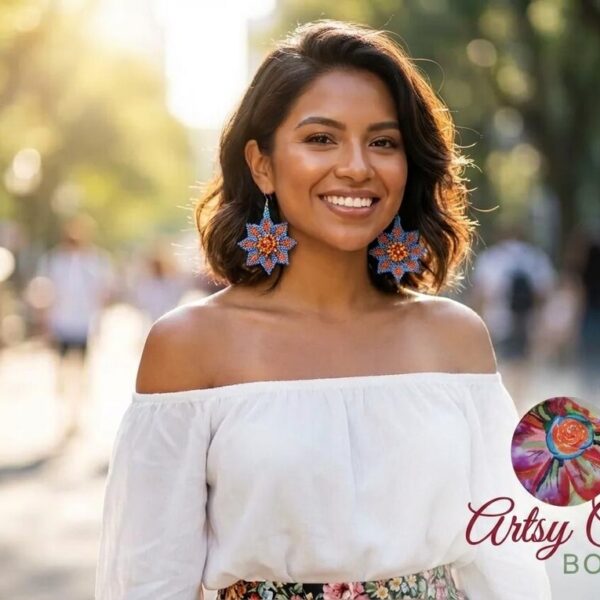 Handmade Huichol Floral Seed Bead Dangle Earrings – Vibrant Mexican Artistry