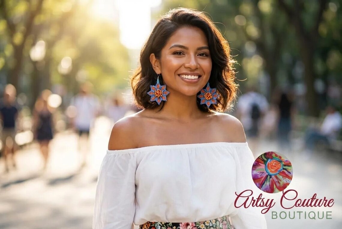 Handmade Huichol Floral Seed Bead Dangle Earrings – Vibrant Mexican Artistry