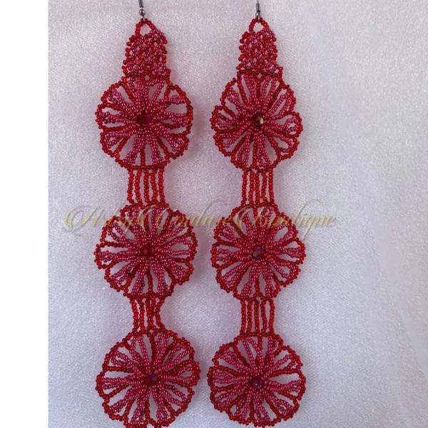 Red Marigold extra long seed bead statement earrings handcrafted with precision-cut glass seed beads