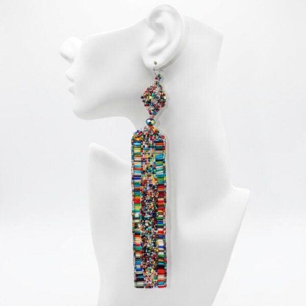 Handwoven multicolor Czech seed bead statement earrings with Swarovski crystal accents.