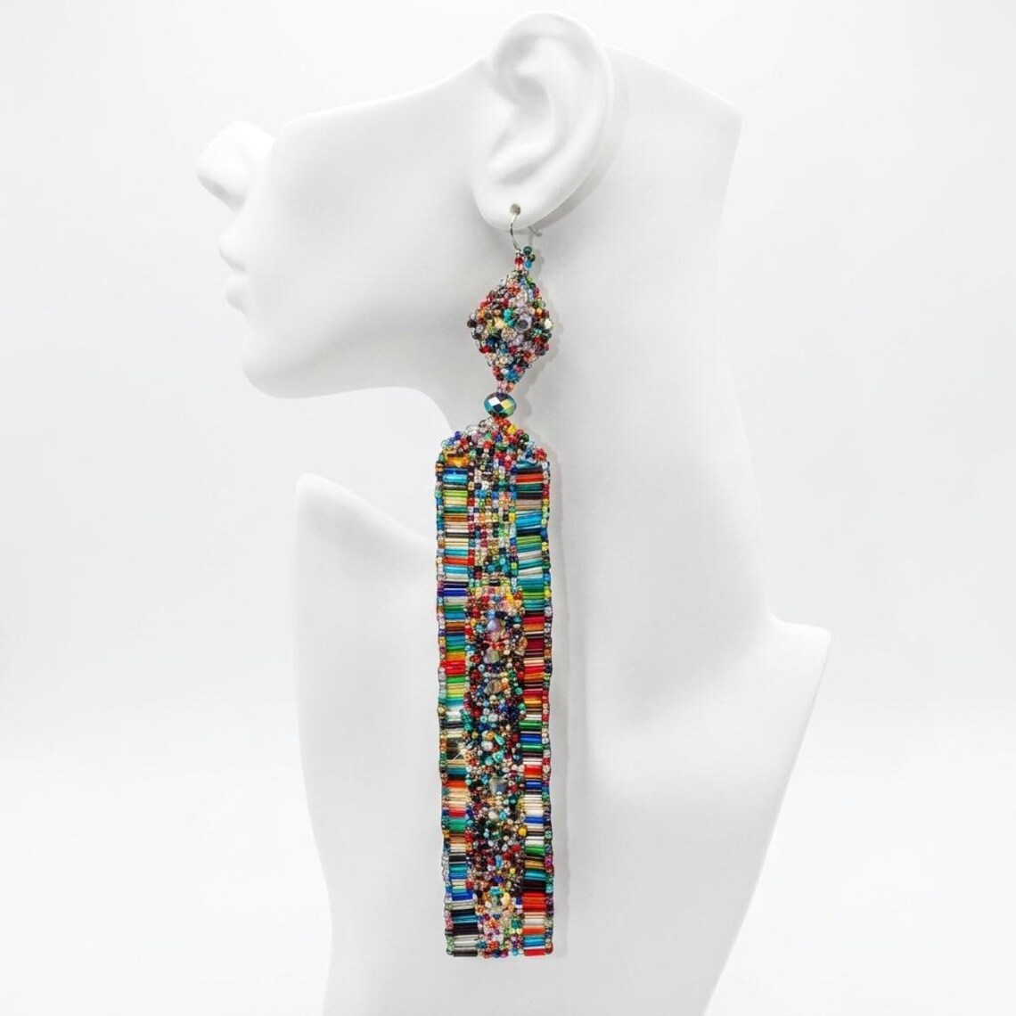 Handwoven multicolor Czech seed bead statement earrings with Swarovski crystal accents.