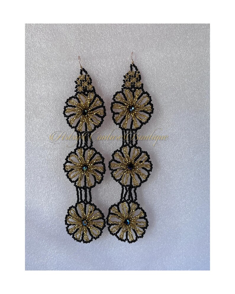 Black and Gold Marigold Statement Earrings | Long Beaded Floral Earrings - Image 8
