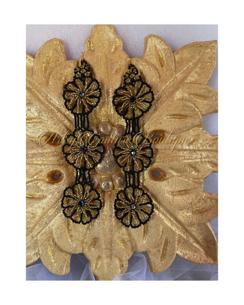 Black and Gold Marigold Statement Earrings | Long Beaded Floral Earrings - Image 5