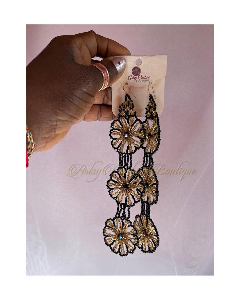 Black and Gold Marigold Statement Earrings | Long Beaded Floral Earrings - Image 11
