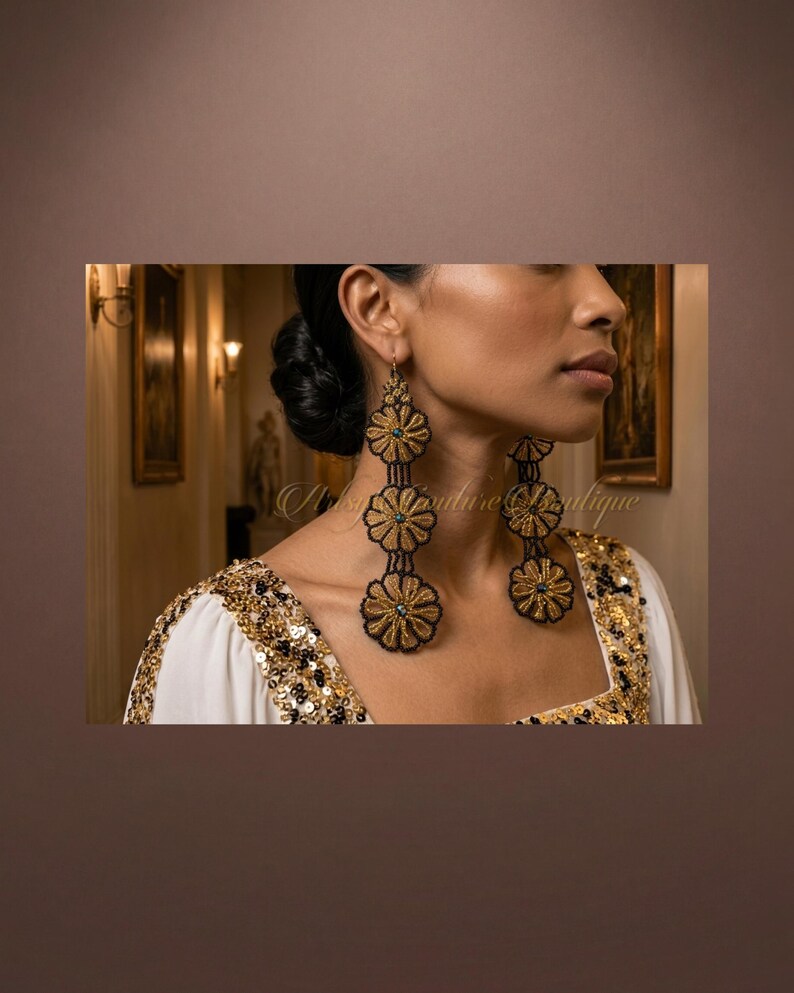 Black and Gold Marigold Statement Earrings | Long Beaded Floral Earrings - Image 7
