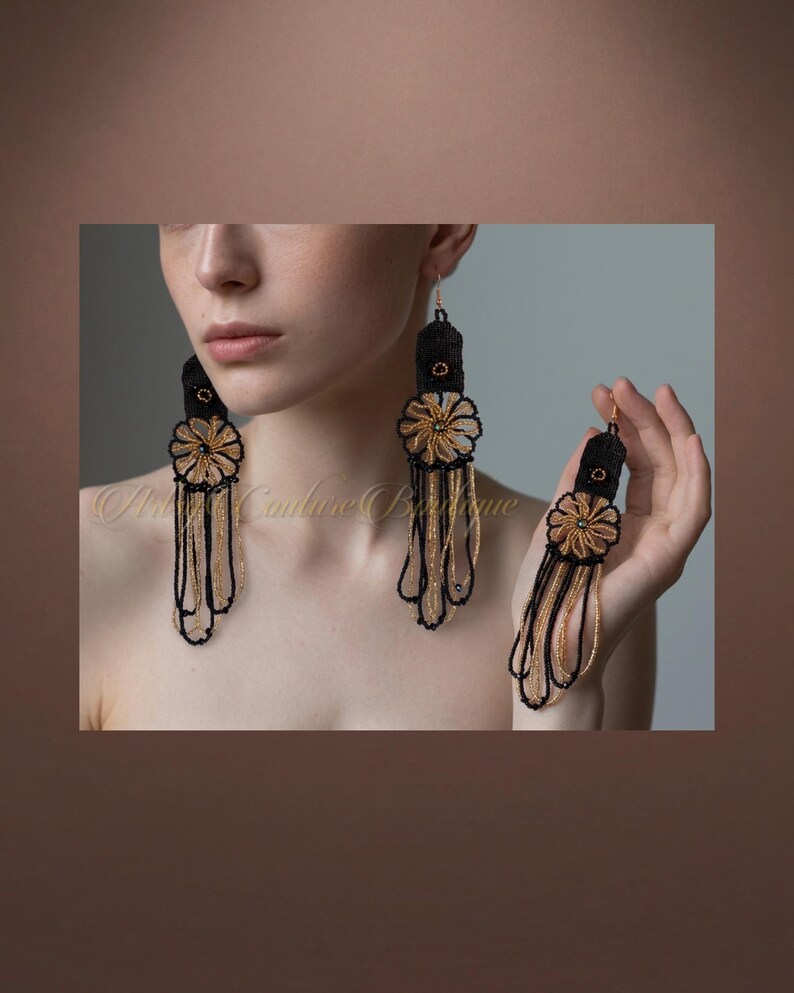 Marigold Loop Statement Earrings | Extra Long Floral Seed Bead Earrings - Image 5