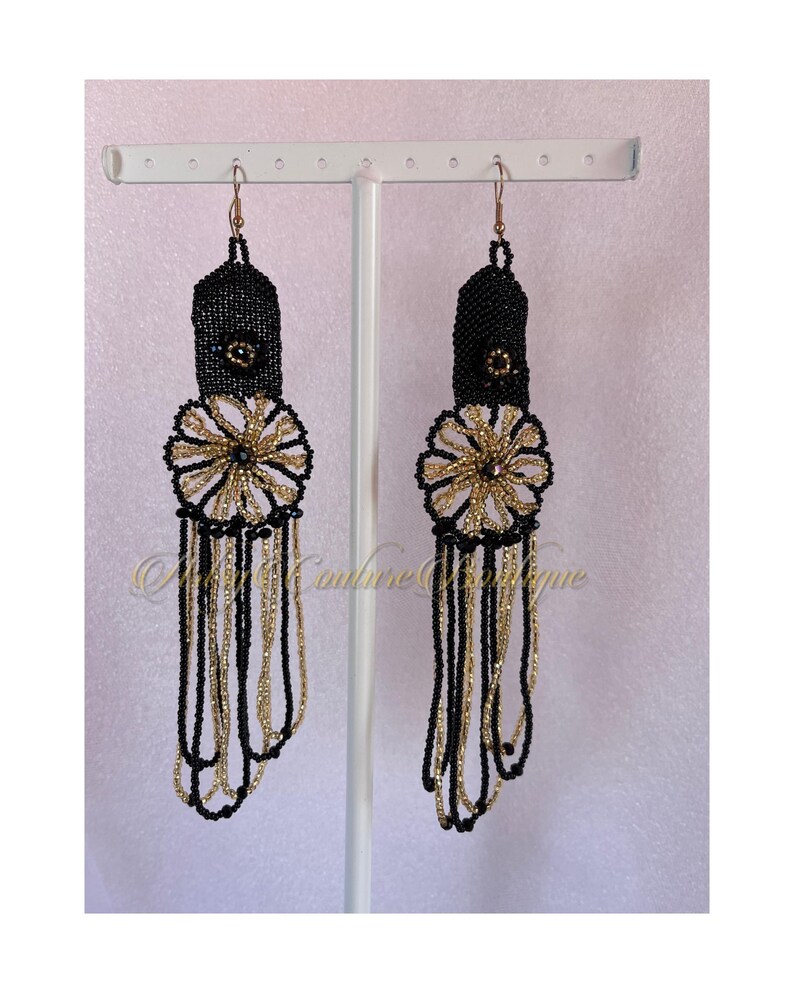 Marigold Loop Statement Earrings | Extra Long Floral Seed Bead Earrings - Image 3
