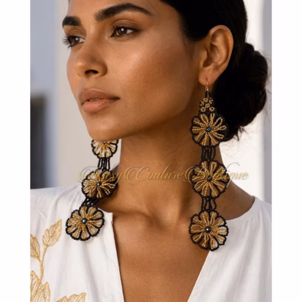 Black and Gold Marigold Statement Earrings | Long Beaded Floral Earrings