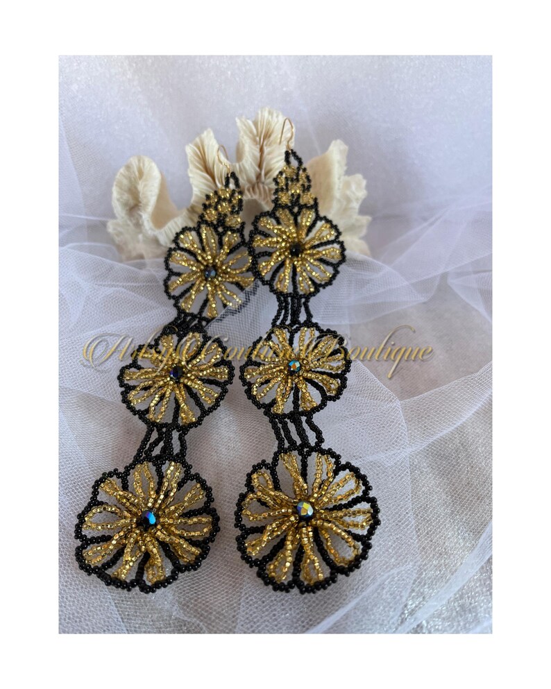 Black and Gold Marigold Statement Earrings | Long Beaded Floral Earrings - Image 9