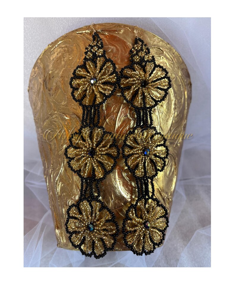 Black and Gold Marigold Statement Earrings | Long Beaded Floral Earrings - Image 12