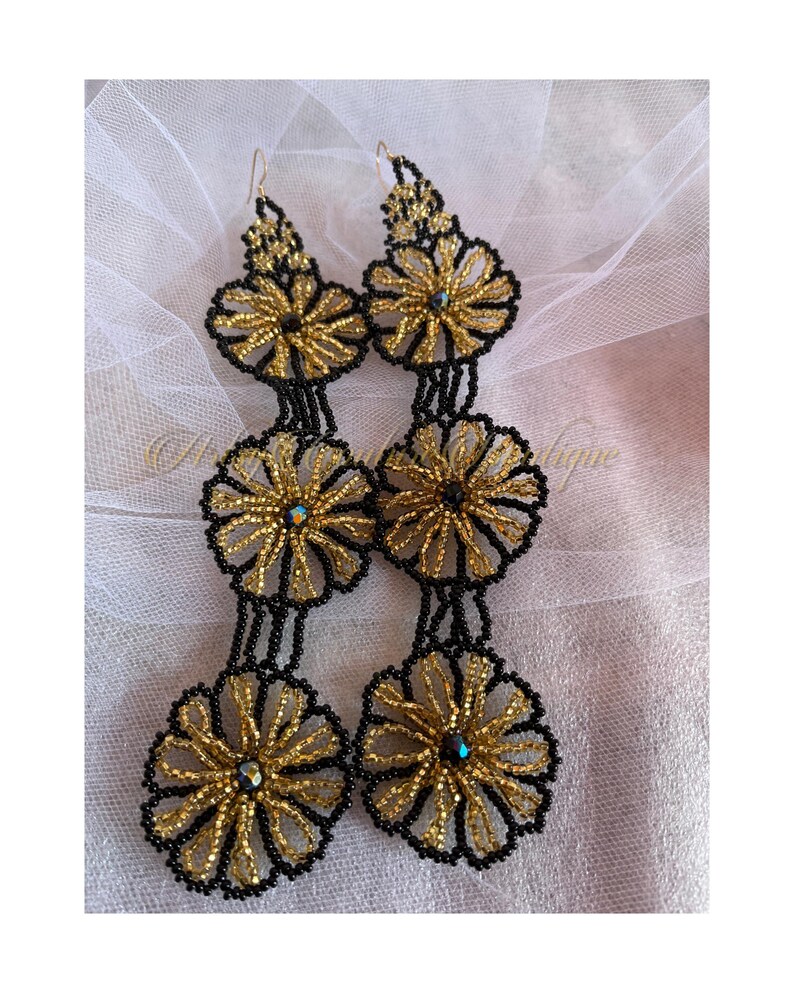 Black and Gold Marigold Statement Earrings | Long Beaded Floral Earrings - Image 3
