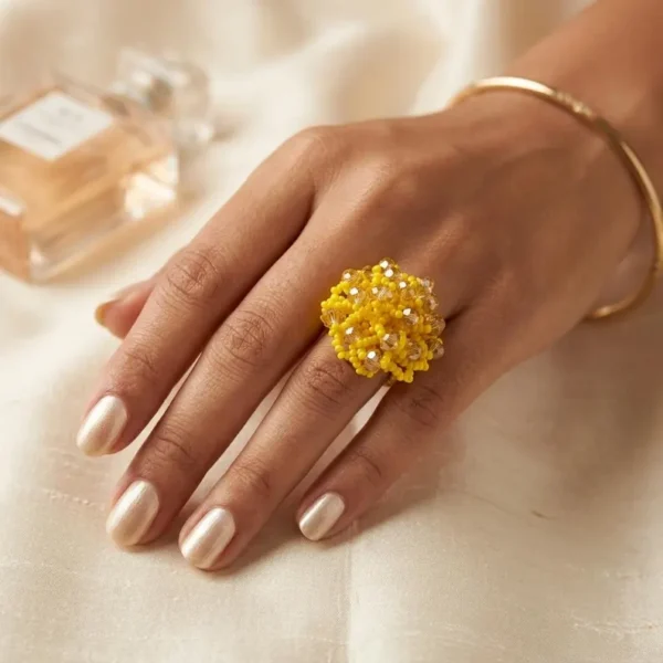 Handmade Beaded Flower Ring | Cluster Bloom Ring | Czech Seed Bead Statement Ring