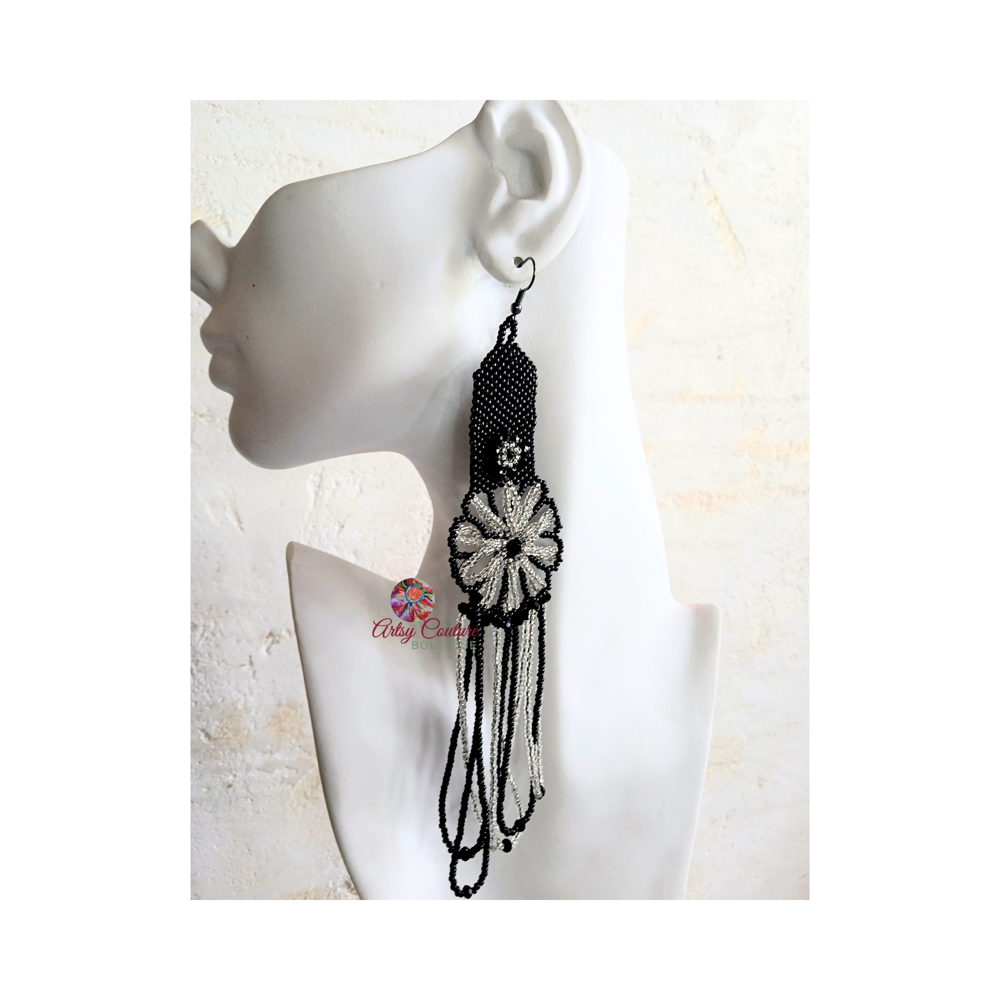 Marigold Loop Statement Earrings | Extra Long Floral Seed Bead Earrings - Image 7