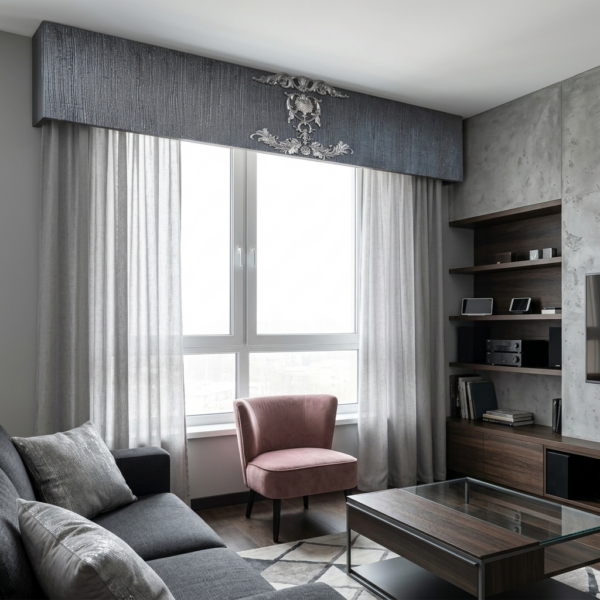 Modern textured cornice board with handcrafted Crystal Brush silver finish