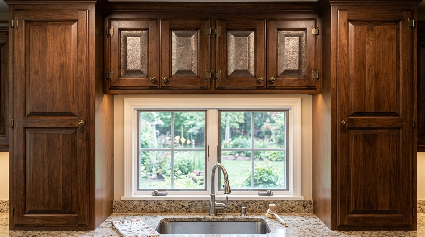Eclectic Kitchen Cabinet Doors with gunmetal textured finish above a kitchen sink