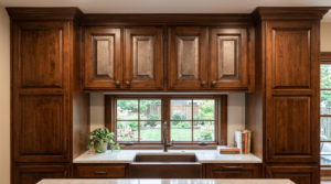 Eclectic Kitchen Cabinet Doors with gunmetal textured finish above a kitchen sink