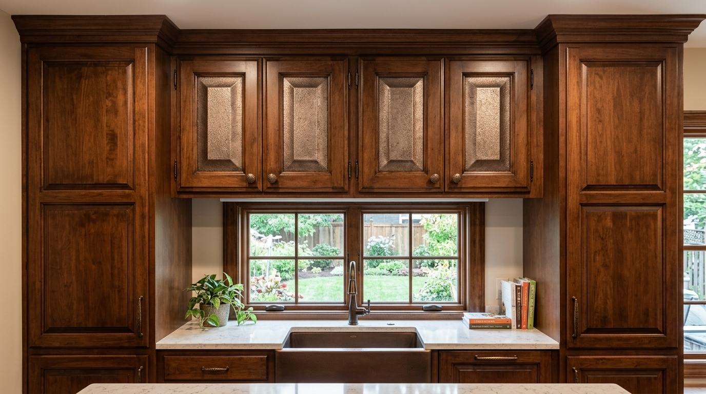 Eclectic Kitchen Cabinet Doors with gunmetal textured finish above a kitchen sink