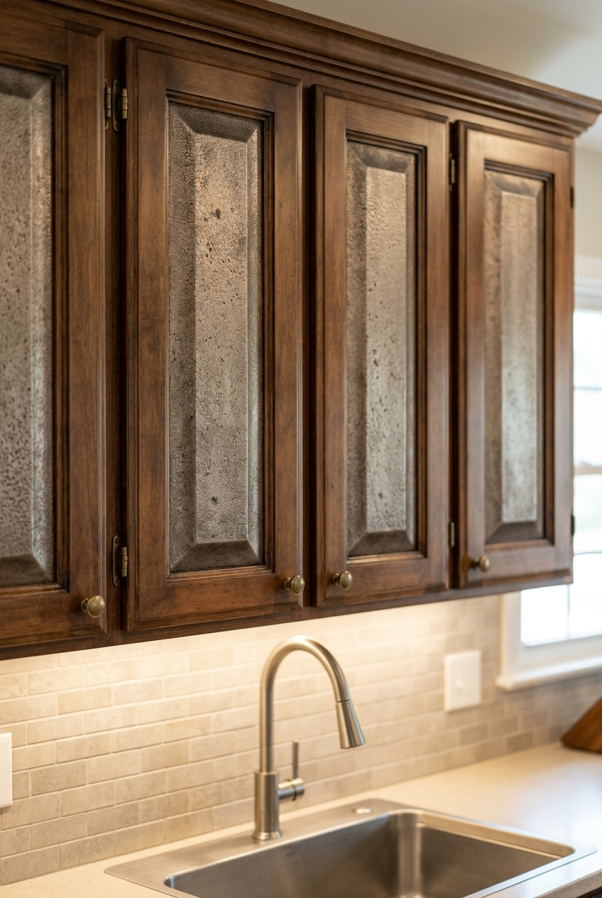 Eclectic Kitchen Cabinet Doors with gunmetal textured finish above a kitchen sink
