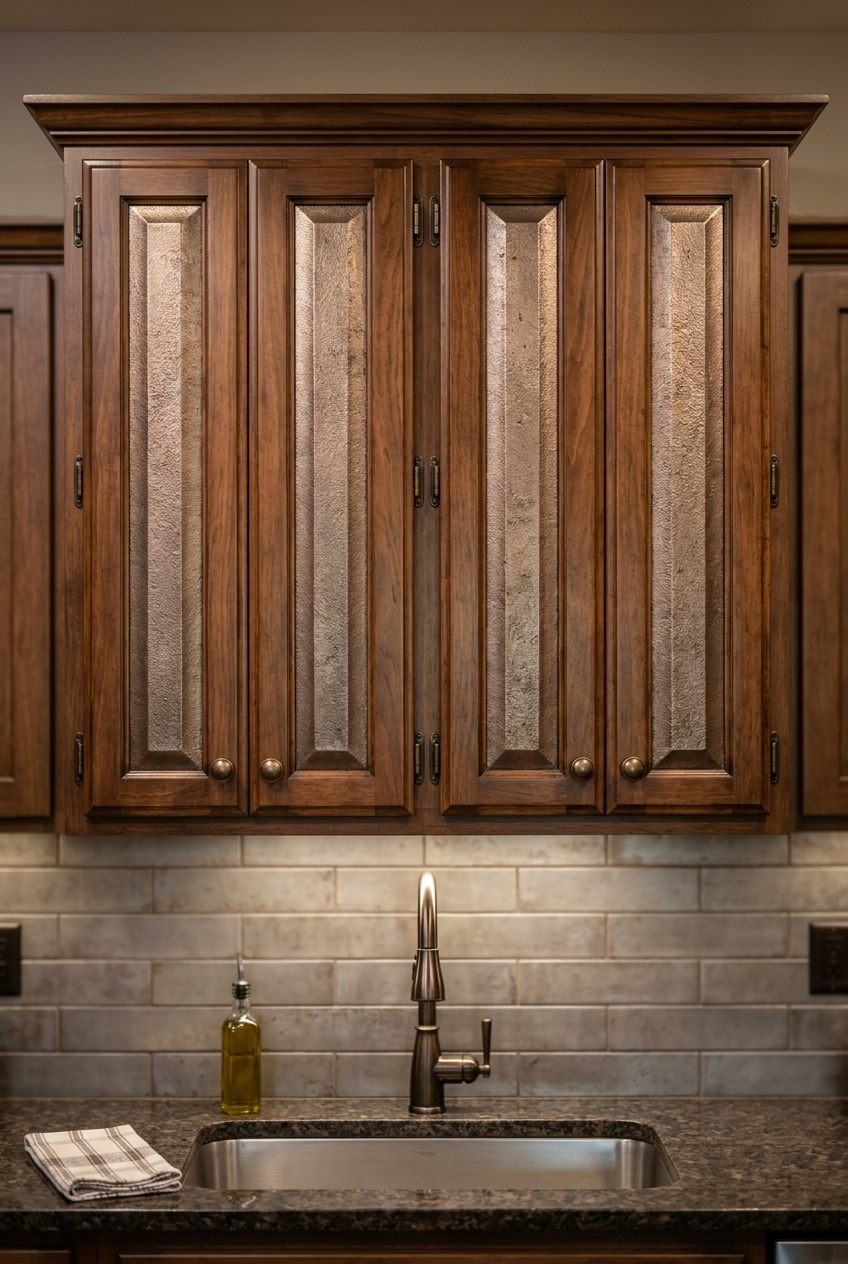 Eclectic Kitchen Cabinet Doors with gunmetal textured finish above a kitchen sink