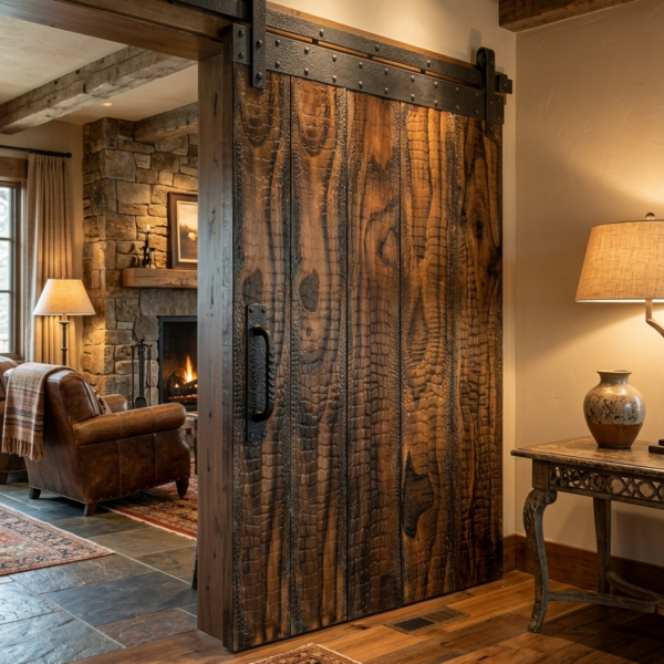 Croctexia Burnished Bronze exotic wood finish planks on a luxury sliding barn door