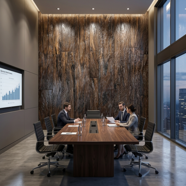 Zebra textured wood wall panels in a luxury law office conference room