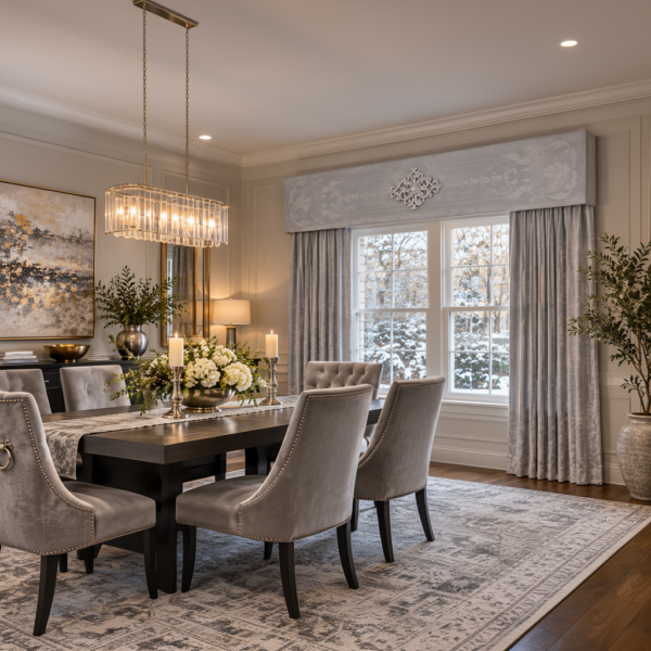 Pearl grey textured cornice board above grey curtains in a Modern Classic dining room.